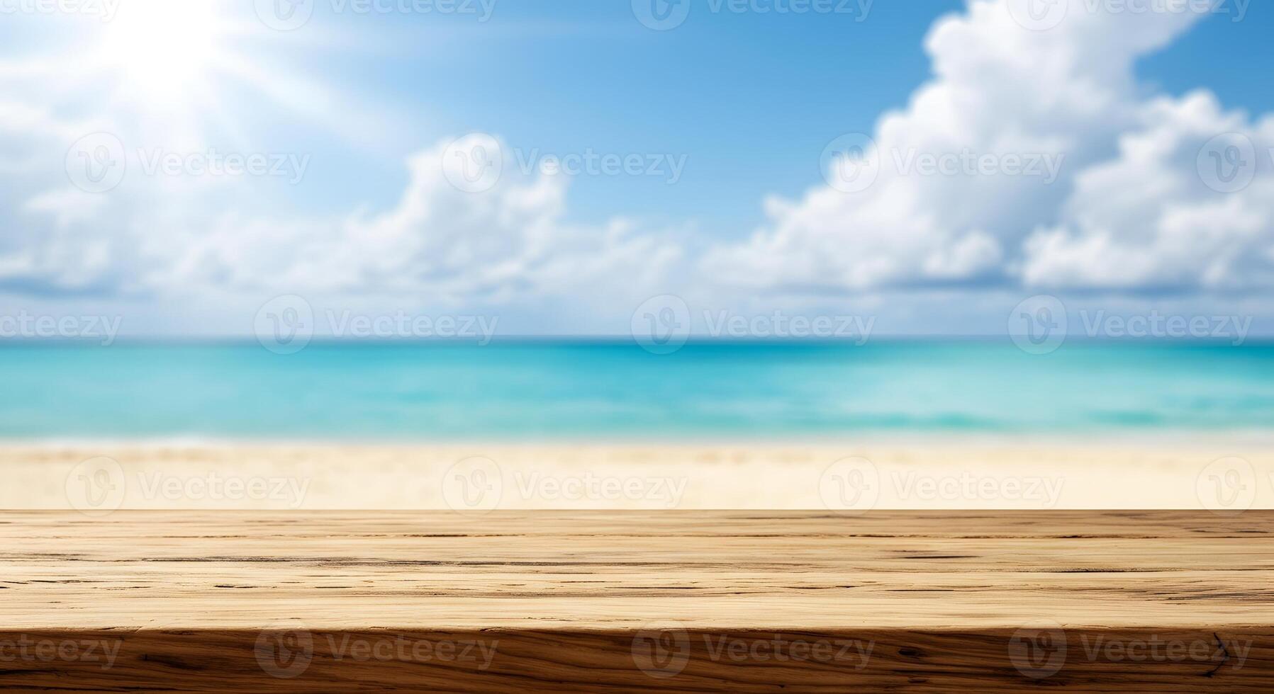 wooden table top on the beach with blue sky and sun layout for product display photo