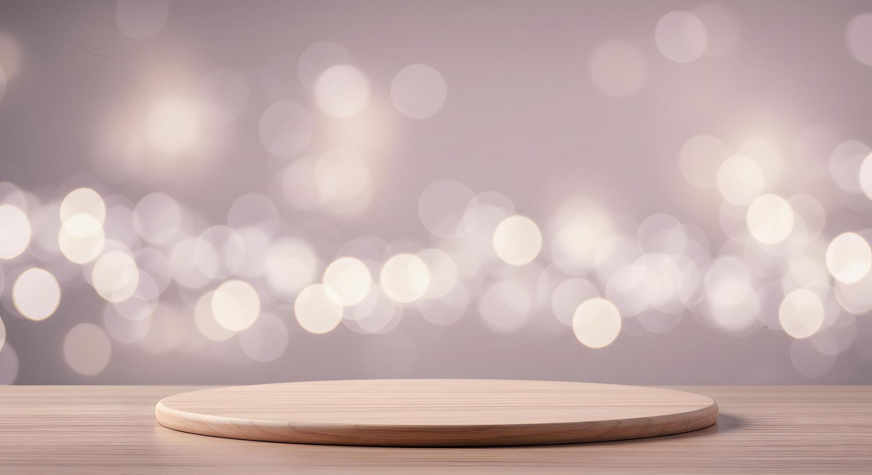 empty wooden table with blurred bokeh lights for product display photo