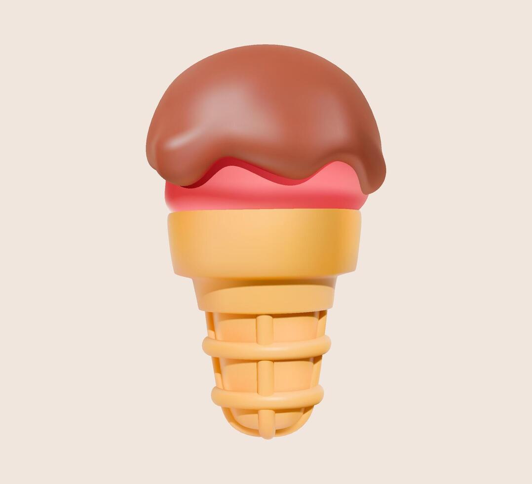 3D cartoon ice cream cone with chocolate topping vector