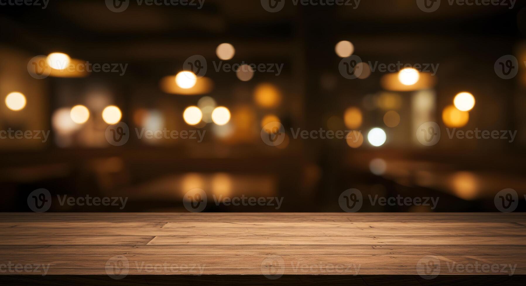 empty table in a restaurant with blurred lights layout for product display photo