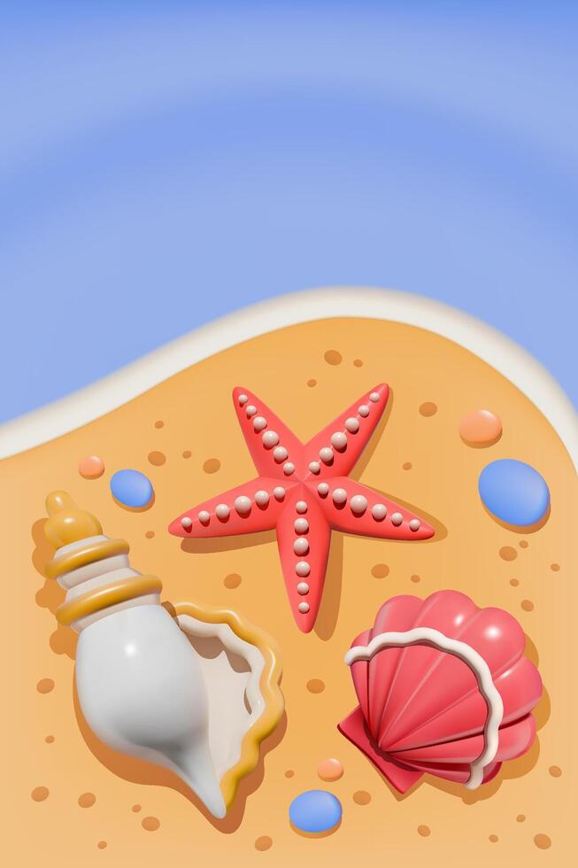 3D starfish and seashells on summer beach vector