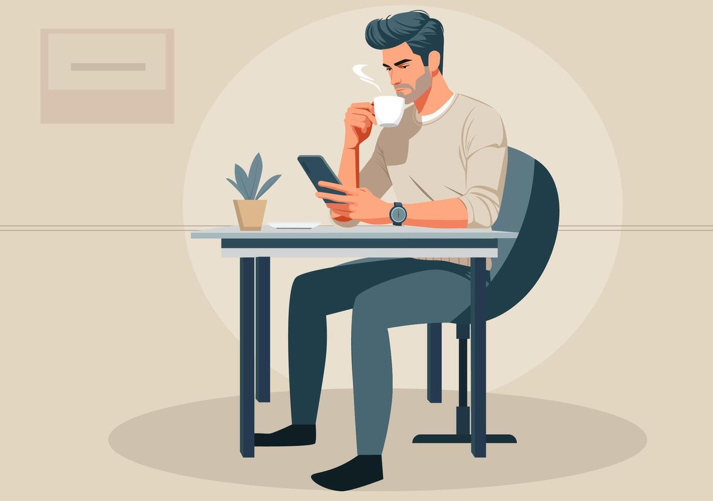 A young man relaxes by sipping coffee and watching the news on his smartphone. vector