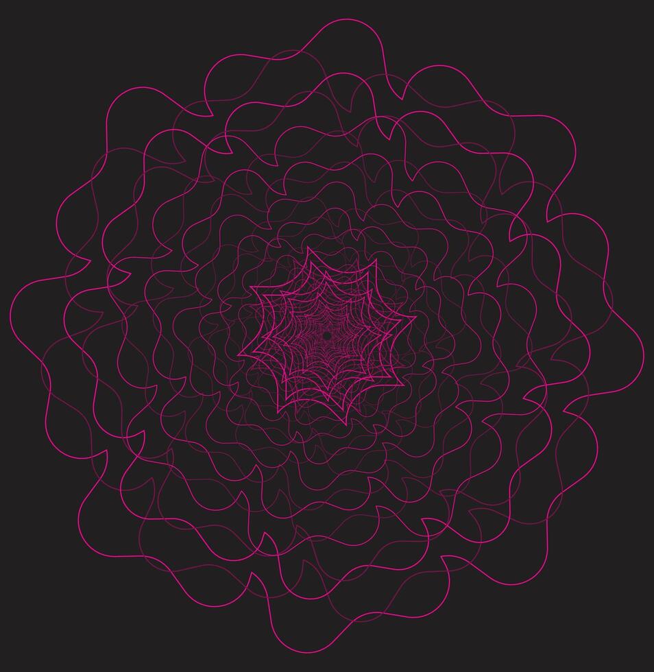 A hypnotic magenta spiral with wavy, Flower outlines radiating outward on a black background, floral abstract art, suitable for decoration, can be used for poster and sign and social media posts vector