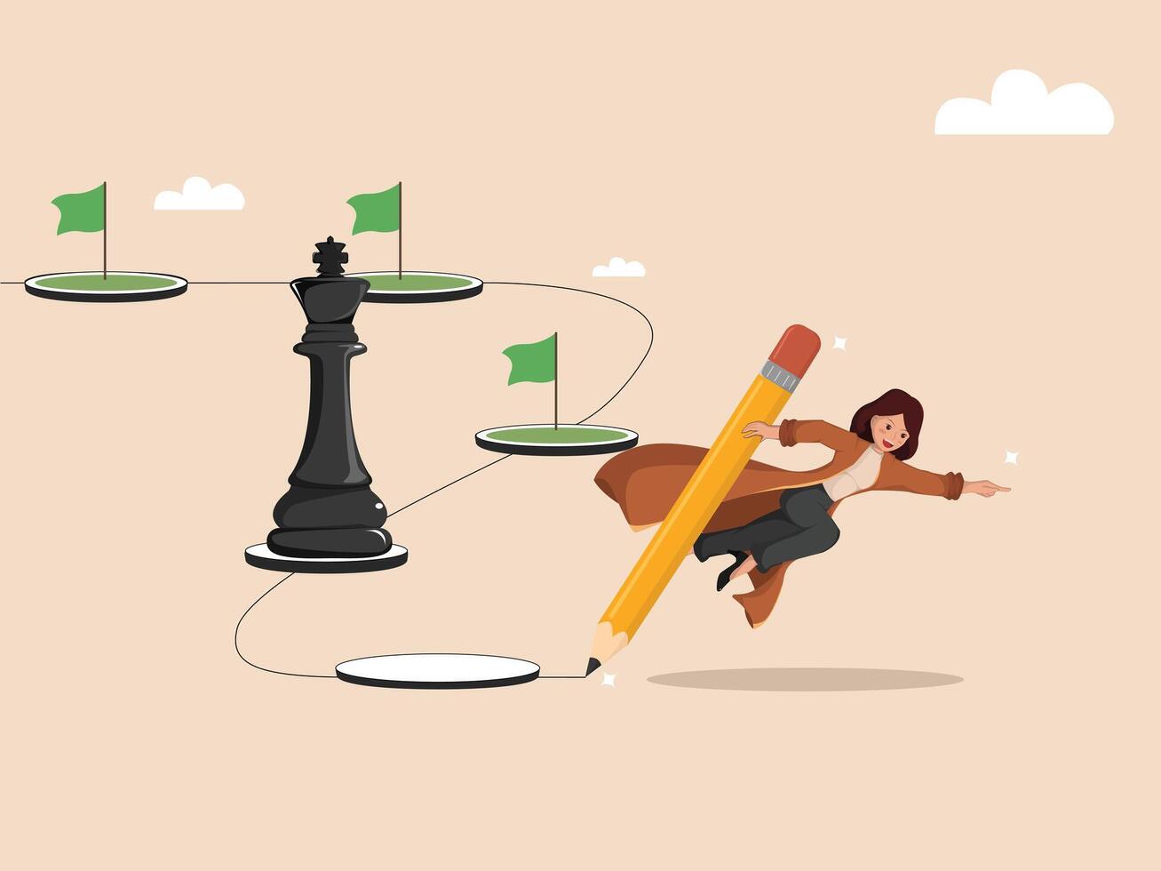 Illustration of a Woman Drawing Her Journey to Success with Pencil, Chess Strategy, and Achievement Flags. vector