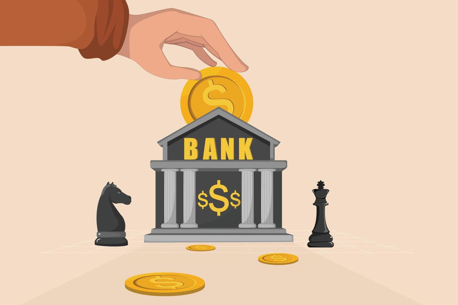Strategic Banking and Investment a Hand Placing a Dollar Coin into a Bank Building with Chess Pieces Signifying Financial Strategy. vector