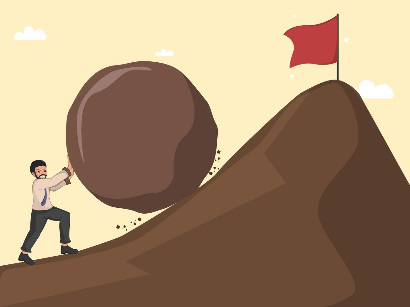 Businessman Pushing a Boulder Uphill to Reach Success Goal Flag Symbol of Hard Work and Perseverance. vector