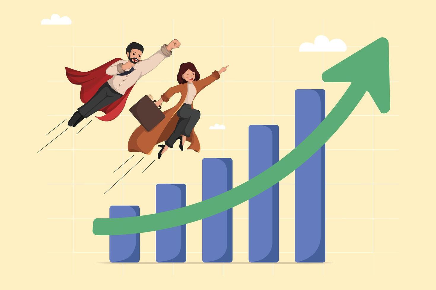 Superhero Business Team Flying Towards Growth Chart, Symbolizing Collective Success and Achievement. vector