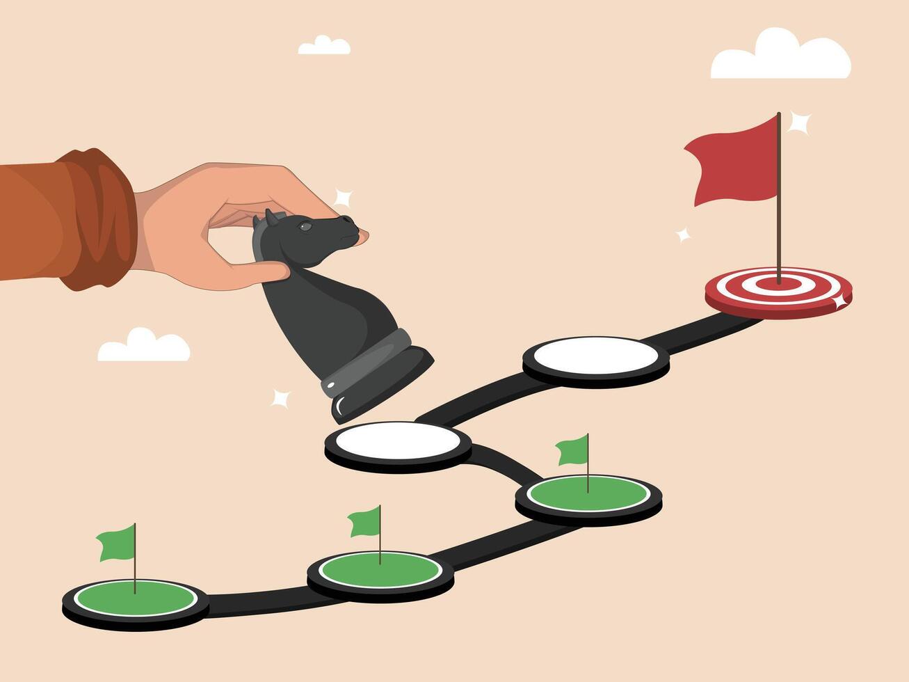 Strategic Planning Concept Hand Holding Knight Chess Piece Moving Along a Goal Roadmap. vector