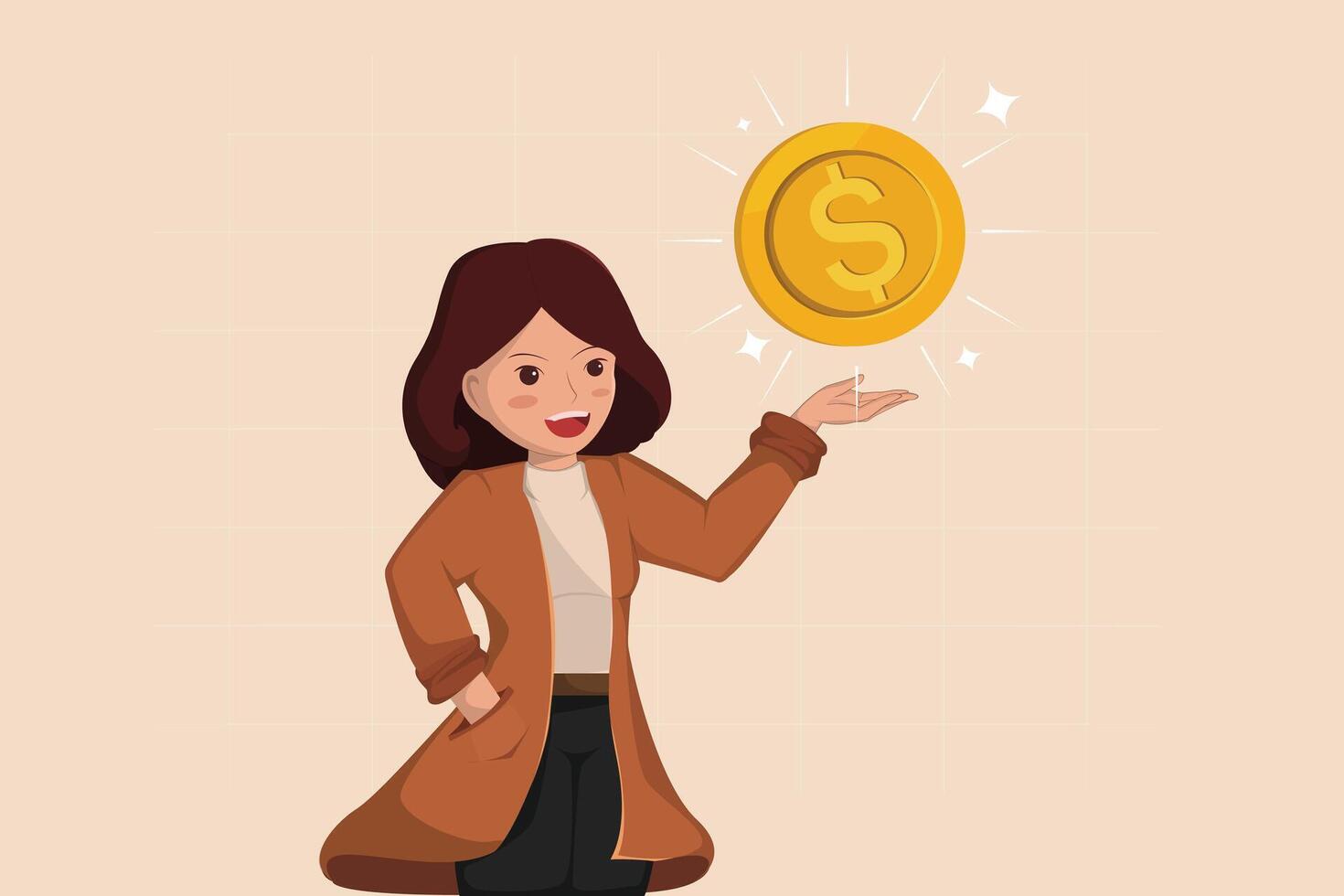 Woman Presenting a Shining Gold Coin, Illustrating Concepts of Savings, Investment, and Monetary Gain. vector