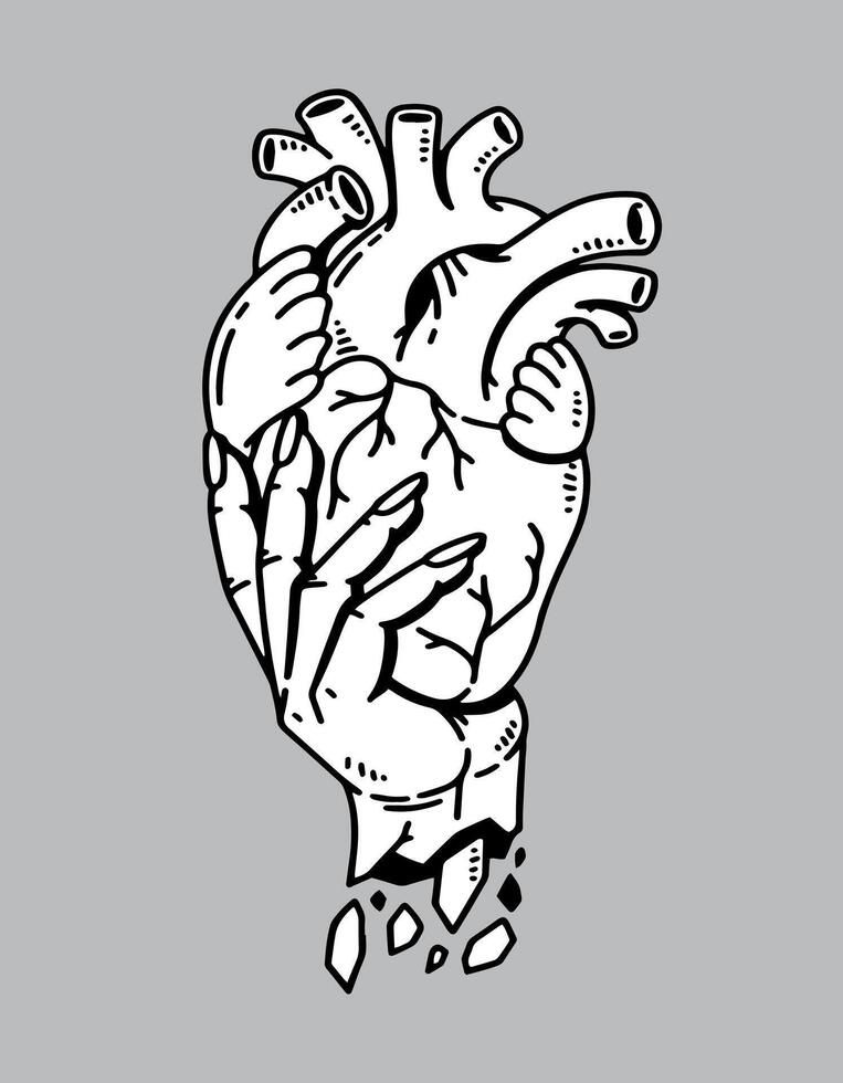 fantasy illustration of hands holding heart, drawing, ink, line art vector