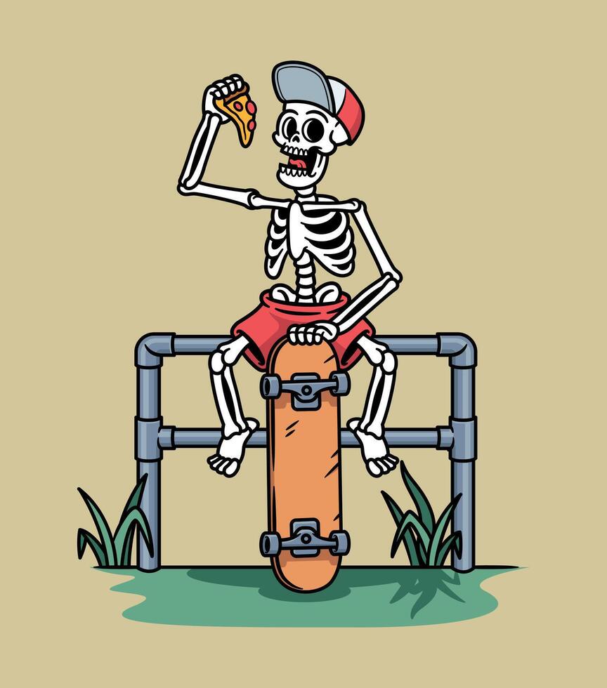 skull skateboarder sitting eating pizza vector