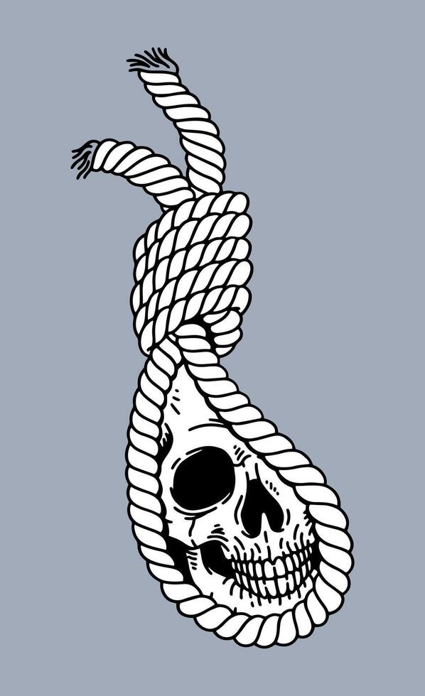 fantasy illustration of skull and hanging rope, drawing, ink, line art vector