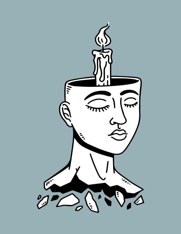 fantasy illustration of candle and woman head, drawing, ink, line art vector