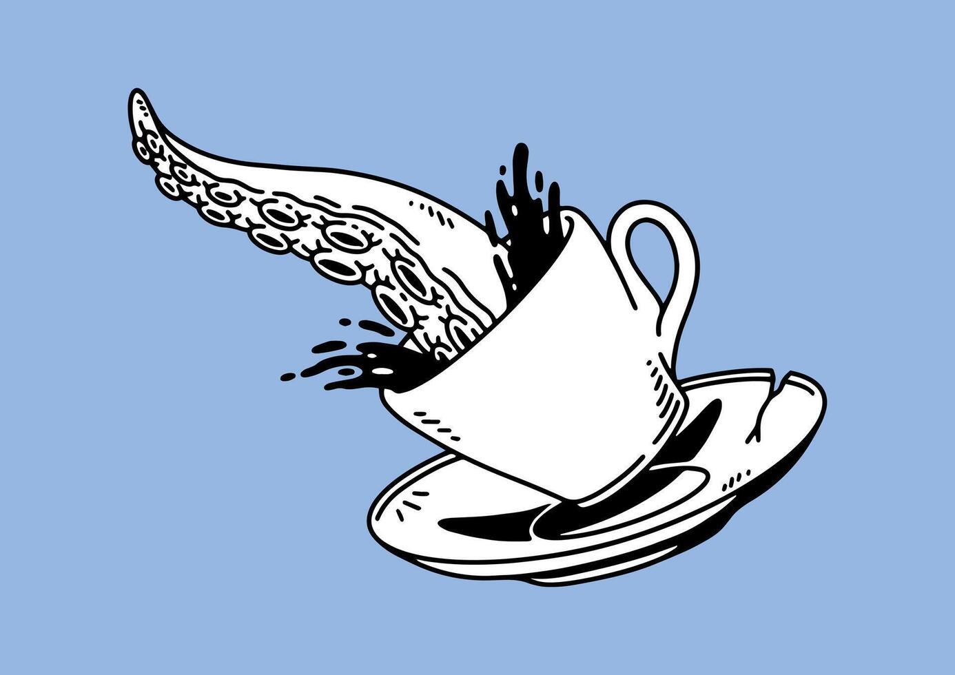 fantasy illustration of tentacles and coffee, drawing, ink, line art vector