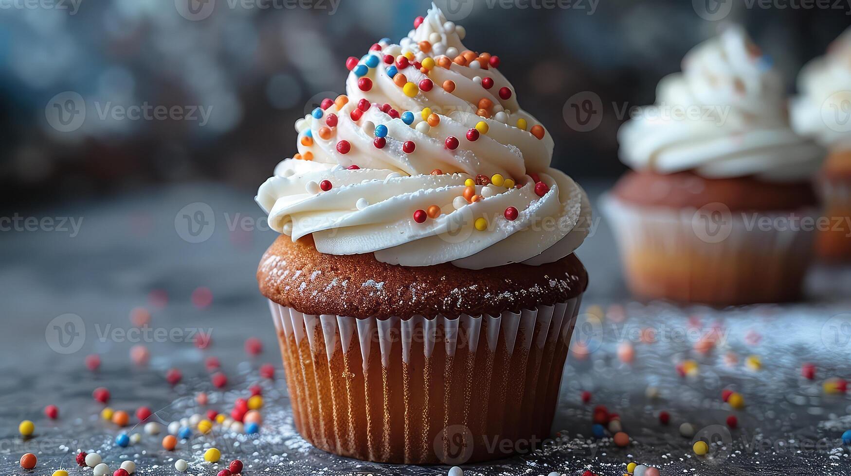Delicious cupcake topped with swirls of frosting and colorful sprinkles photo
