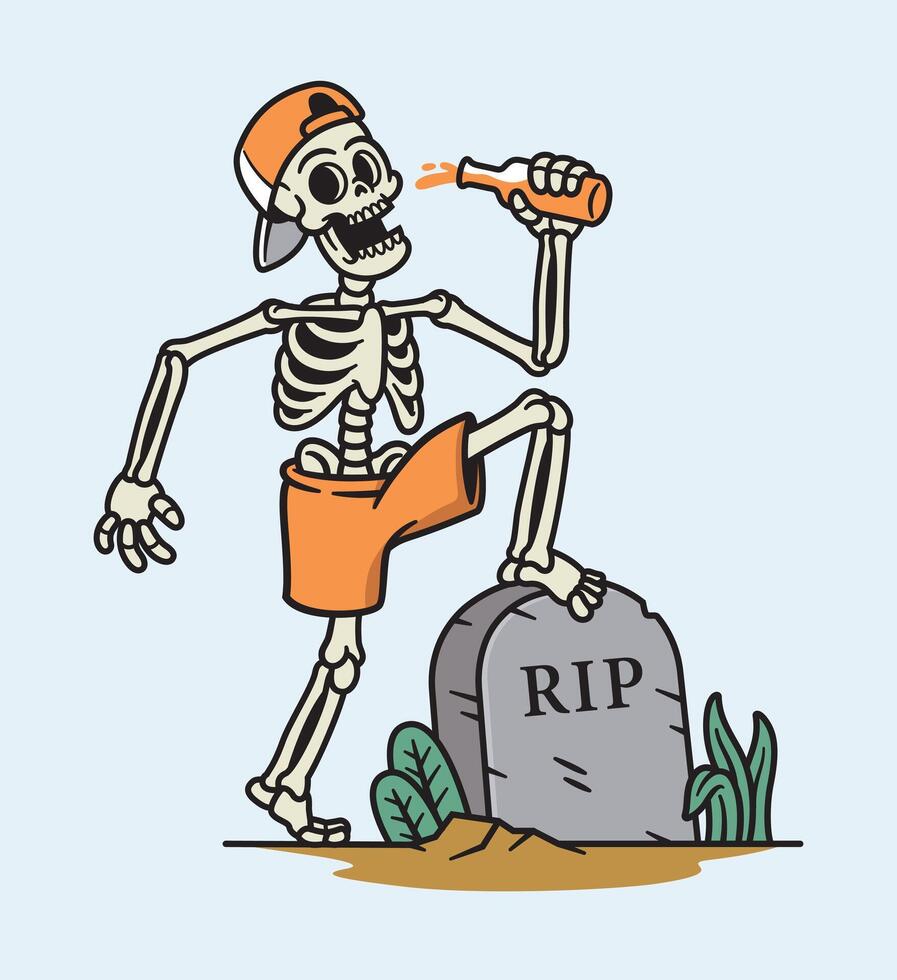skull drinking beer in cemetery illustration vector