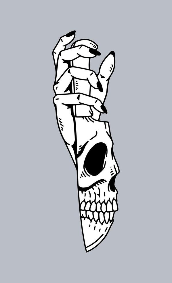 fantasy illustration of hold skull knife, drawing, ink, line art vector