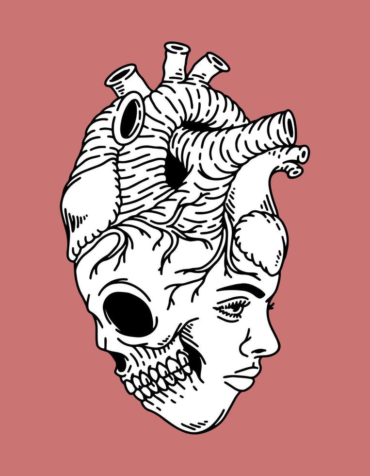 fantasy illustration of pair of faces in the heart, drawing, ink, line art vector