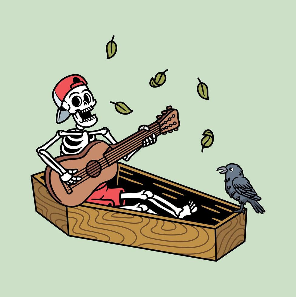 skull playing guitar in coffin vector