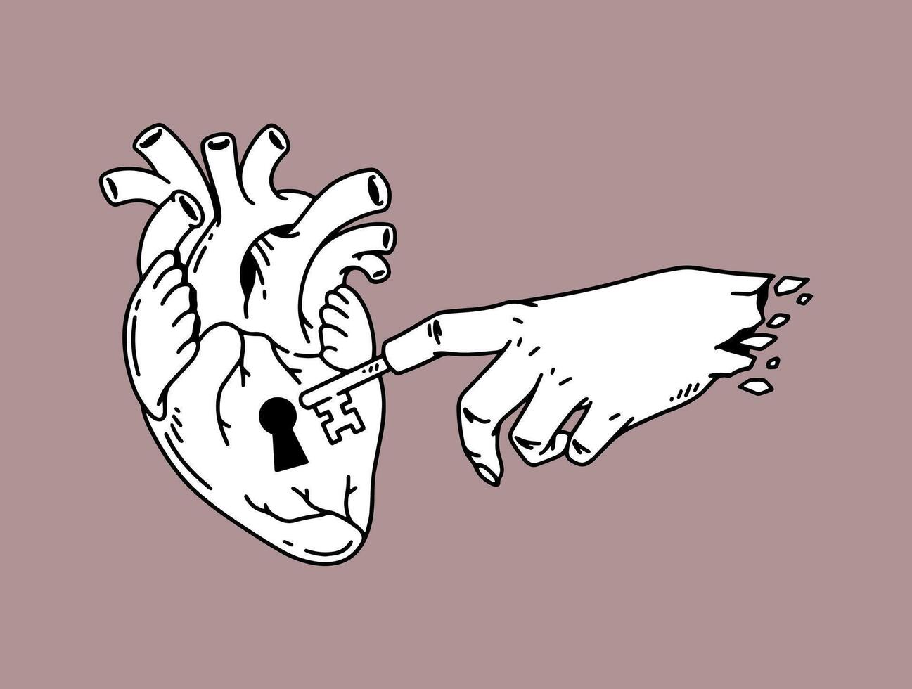 fantasy illustration of key to unlocking love, drawing, ink, line art vector