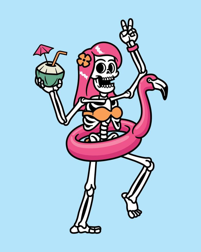 summer skeleton in flamingo float vector