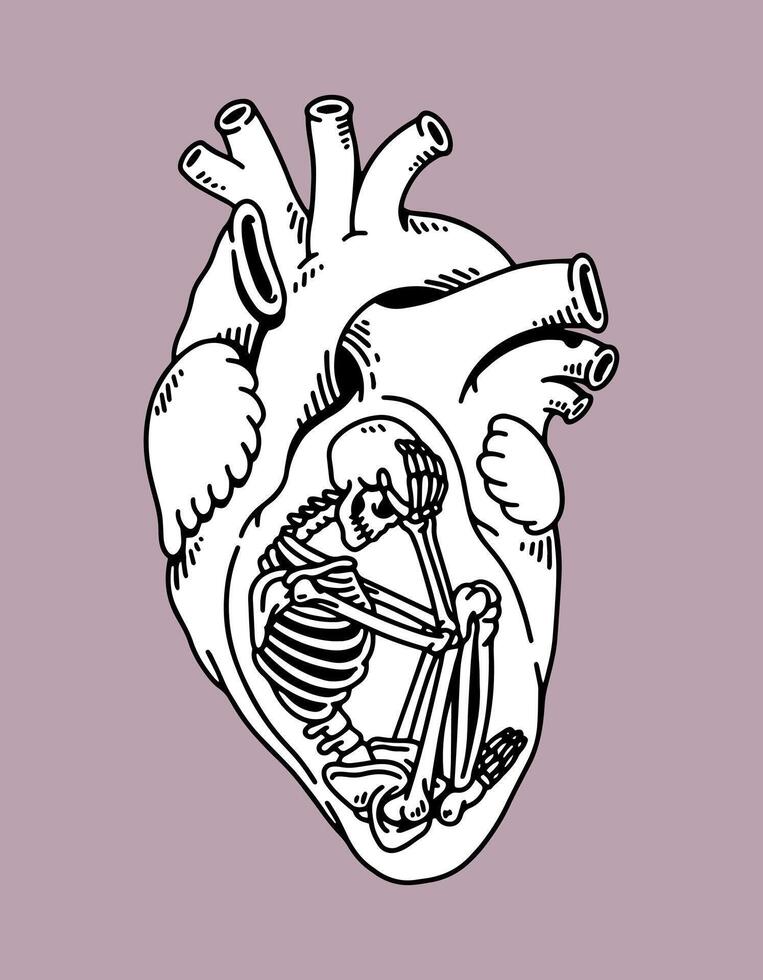 fantasy illustration of skeleton and heart, drawing, ink, line art vector