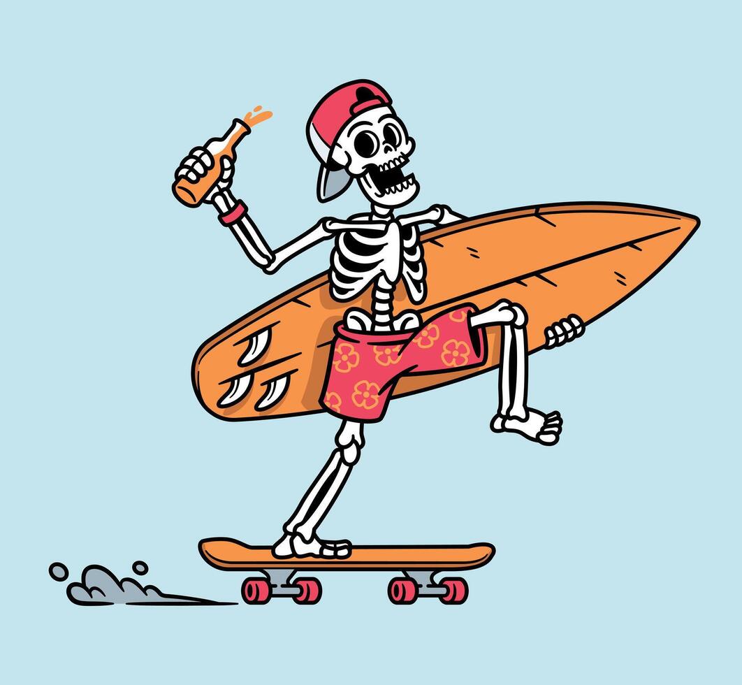 Skull carrying a surfboard illustration vector