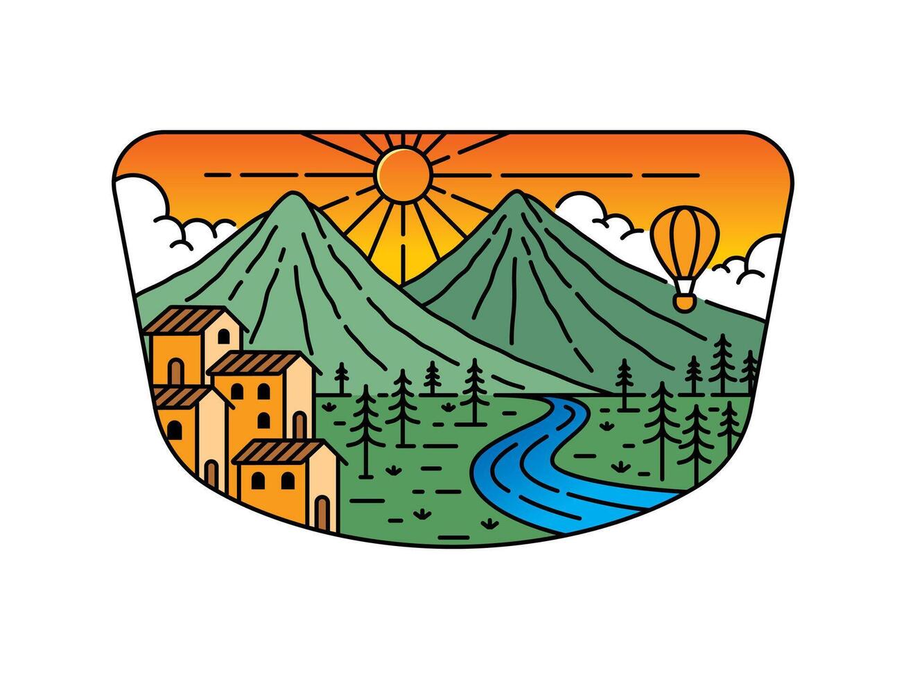 Natural scenery of mountains and sunset in frame illustration vector