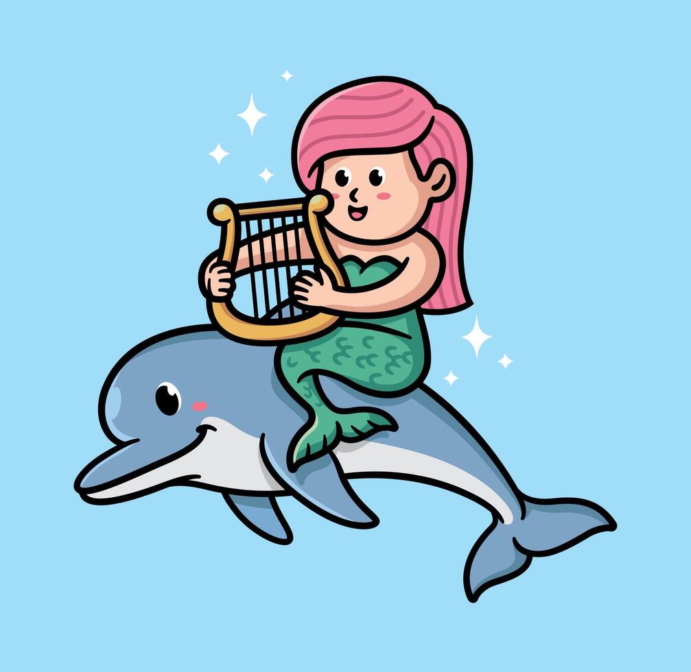 Cute mermaids play music on dolphins illustration vector
