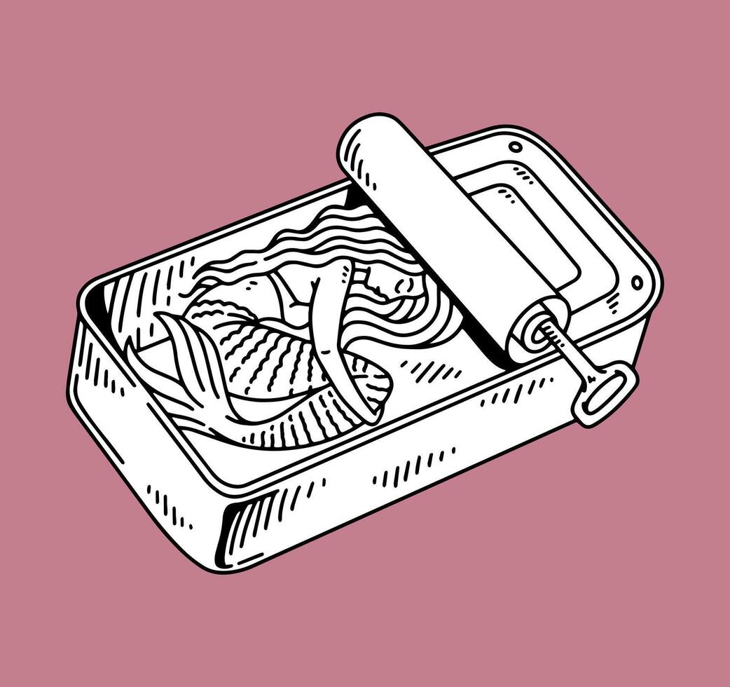 fantasy illustration of mermaid in a can, drawing, ink, line art vector