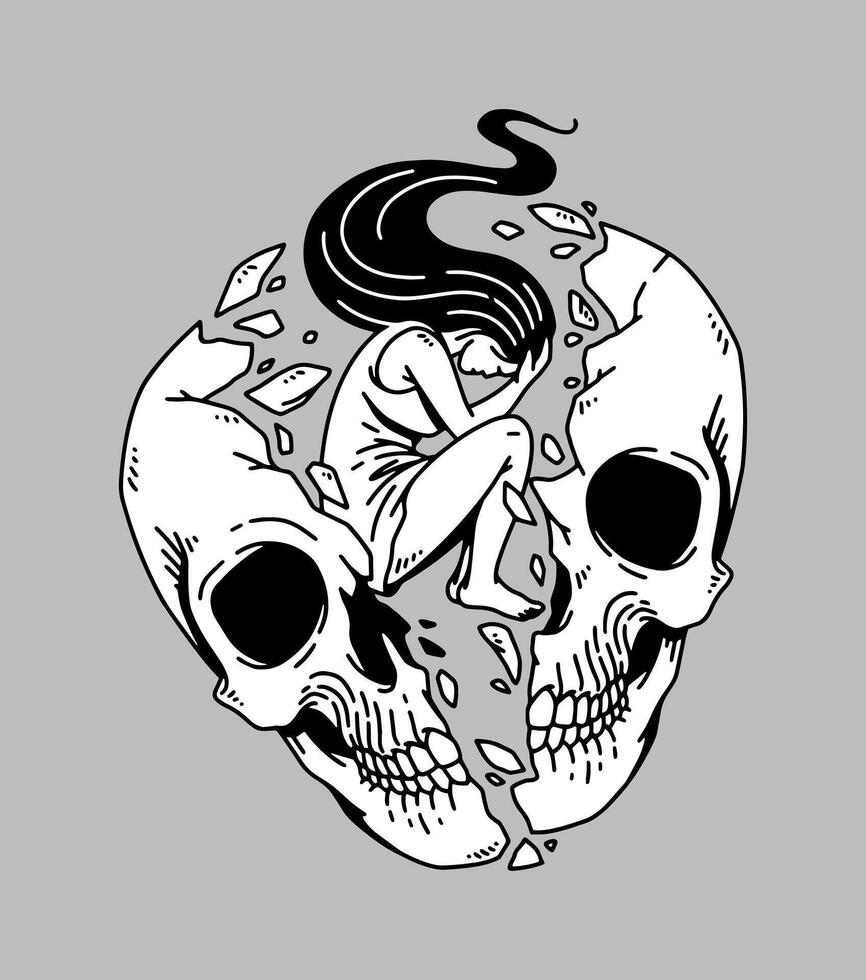 fantasy illustration of sad woman, drawing, ink, line art vector