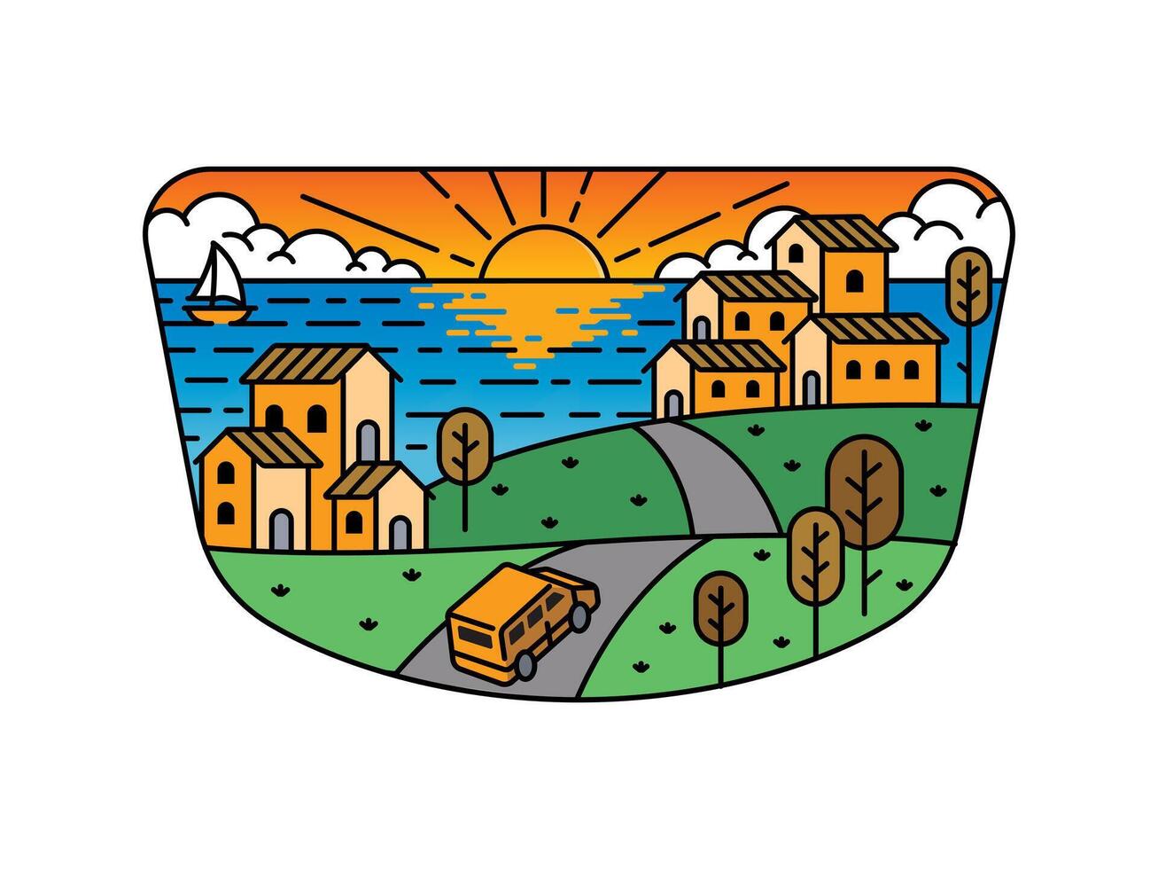 Housing illustration with sunset view in frame vector