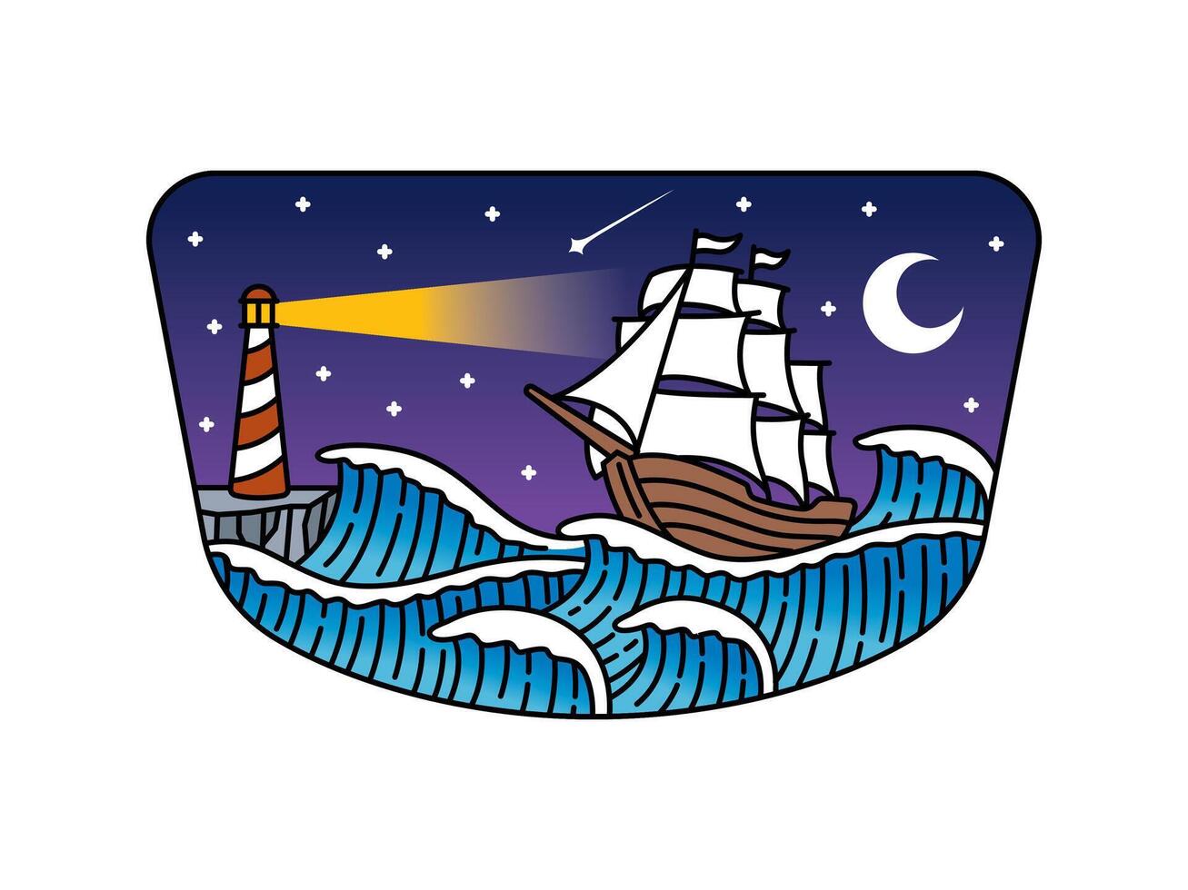 Beautiful ocean waves and lighthouse at night in frame vector