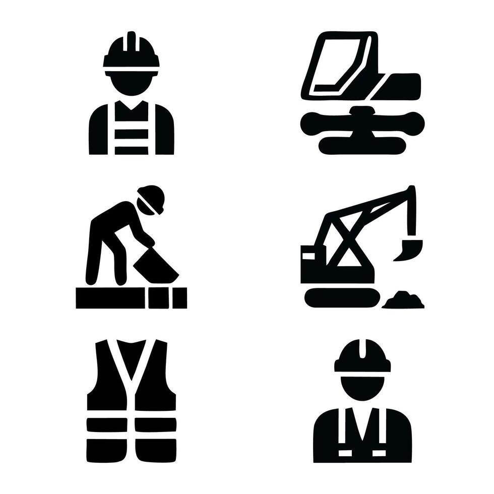 Features a collection of black and white construction worker and equipment icons, suitable for use in websites, presentations, or documents vector