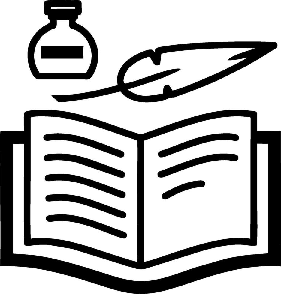 Open book with quill and inkwell, symbolizing literature and writing. vector