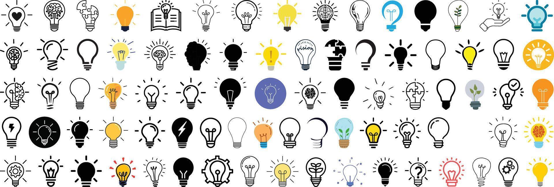 Mega icon collection of Light bulb icon, Bulb, Idea, Creative, Innovation, concept and Energy icon set collection design. vector