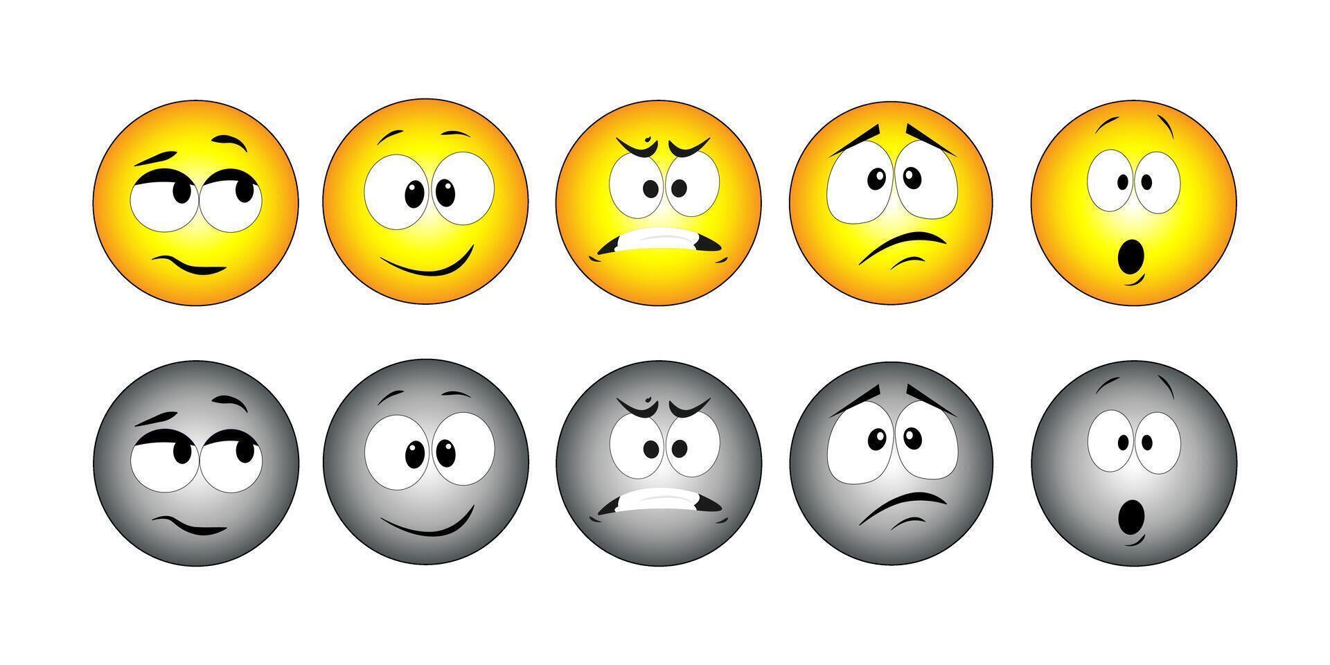 Set of emoji faces in yellow and gray colors showing different emotions including skeptical, happy, angry, sad, and surprised vector