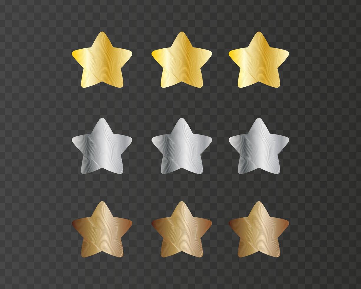 Set of gold, silver and bronze stars with metallic texture. Glossy rating elements isolated on transparent background vector