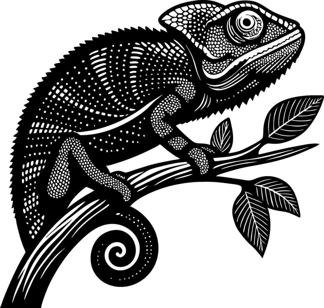 Intricate Black and White Chameleon Climbing Branch with Leaves for Unique Designs and Artworks vector