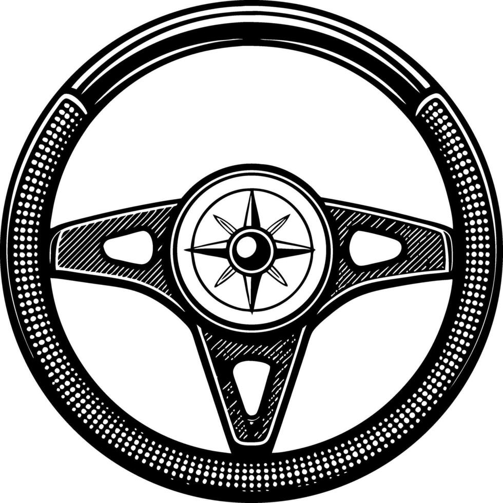 Vintage Car Steering Wheel with Compass Design Ideal for Tattoo and Craft Projects vector