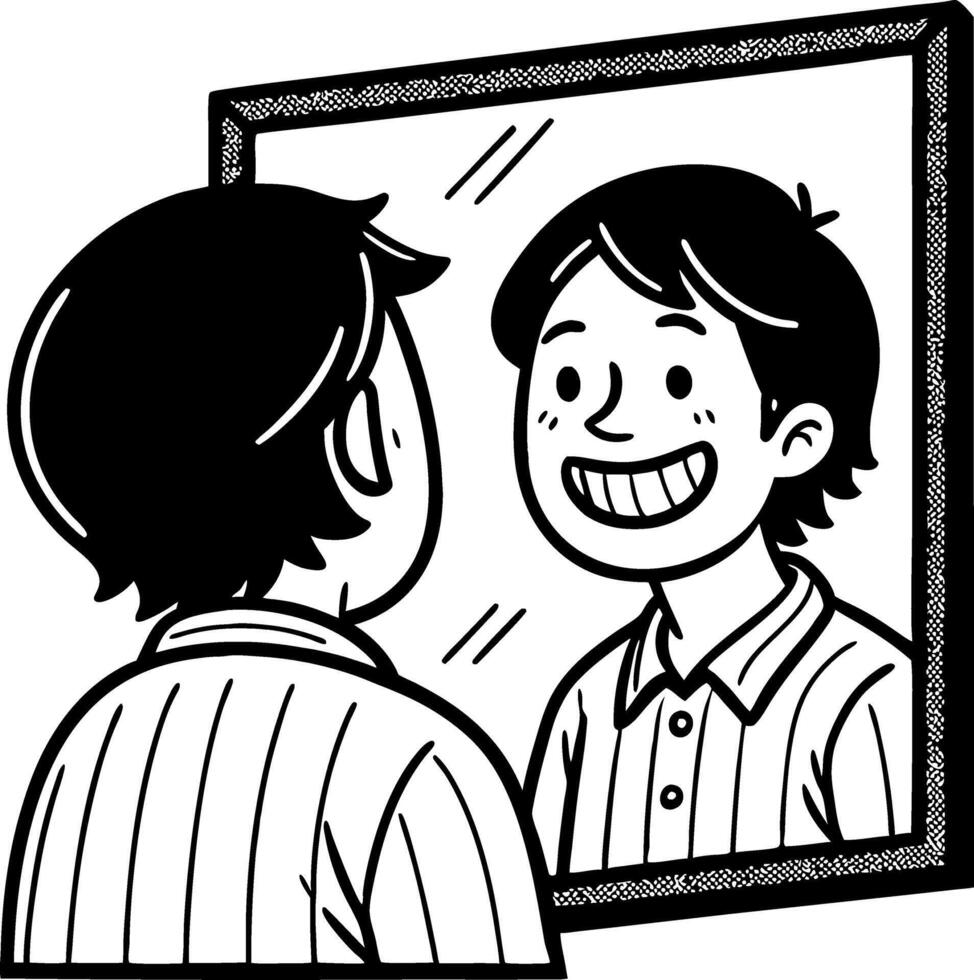 Cheerful Character Smiling at Reflection in Mirror Illustration for Positive Art Projects vector