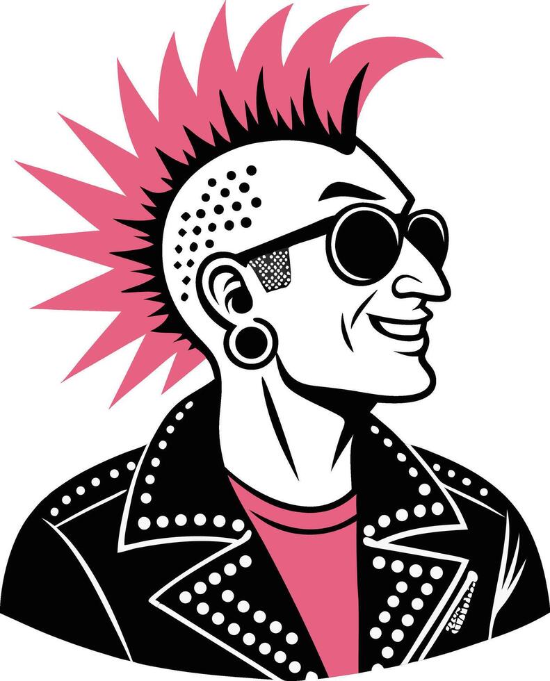 Stylish Punk Character with Pink Mohawk and Sunglasses in Edgy Leather Jacket vector