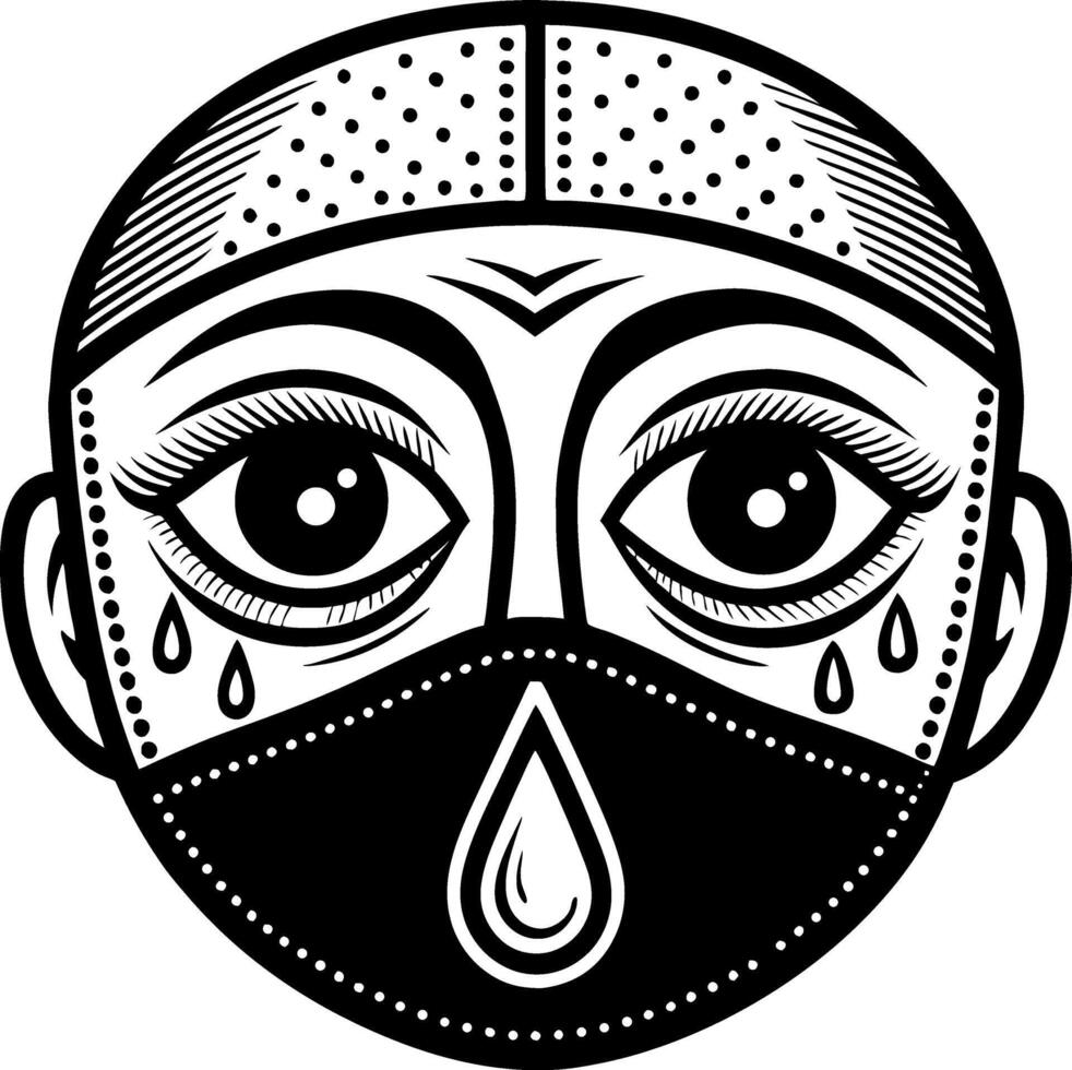 Intricate Illustrative Design of a Face Wearing a Protective Mask with Tears for Emotional Expression vector