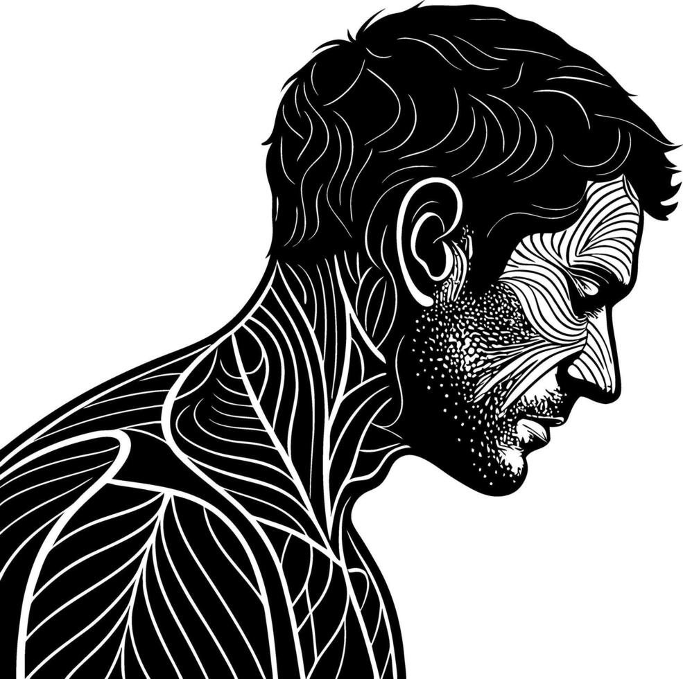 Detailed Black and White Silhouette of a Man with Intricate Leaf Patterns for Art Design vector