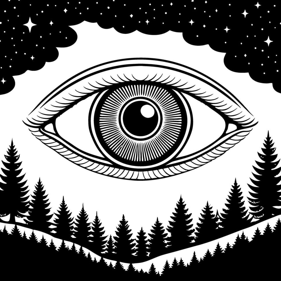 Mystical Eye Over Forest Landscape with Starry Sky Abstract Design for Tattoos and Art vector