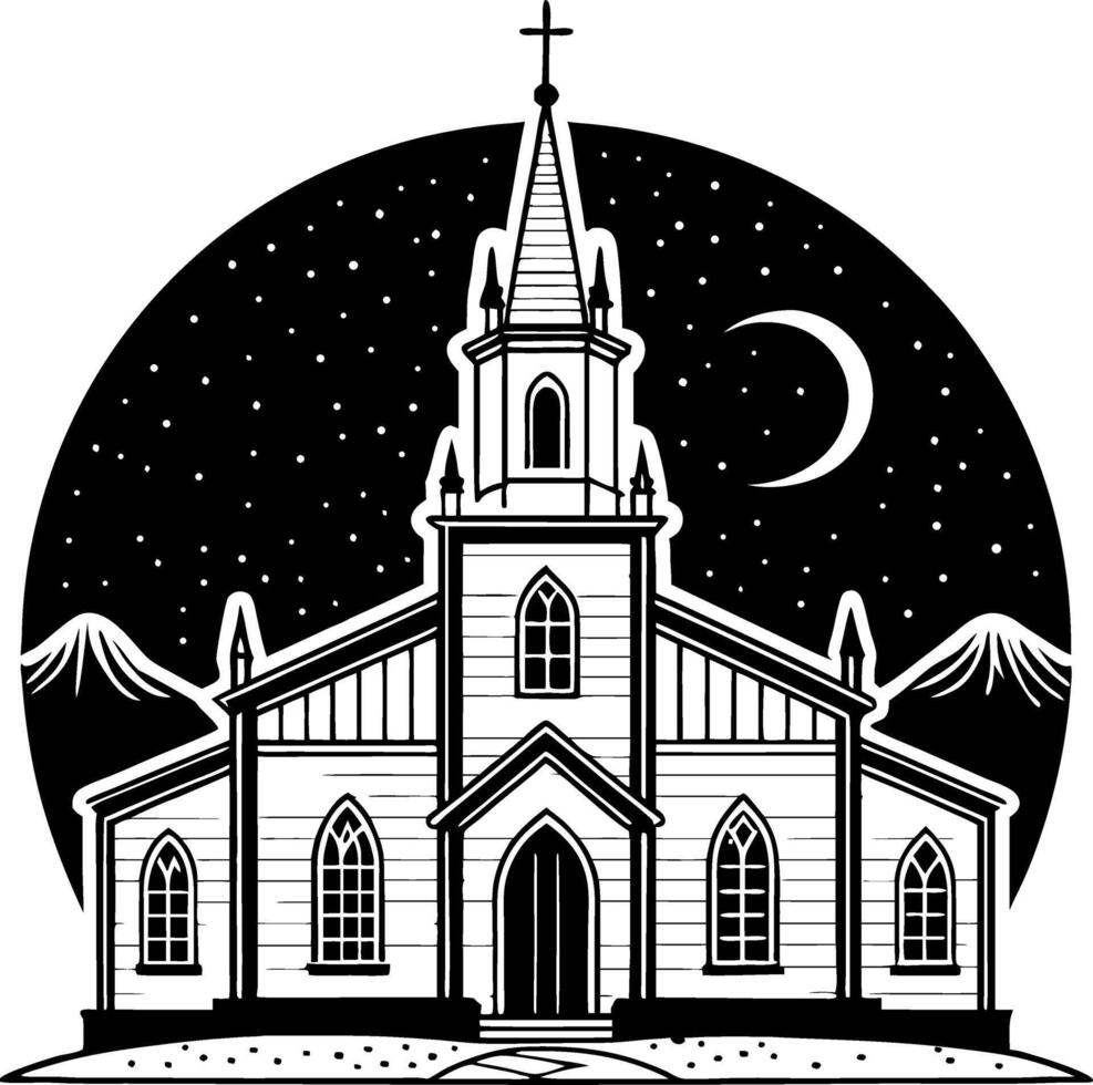 Detailed Illustration of an Elegant Church Surrounded by Mountains and Starry Night Sky vector