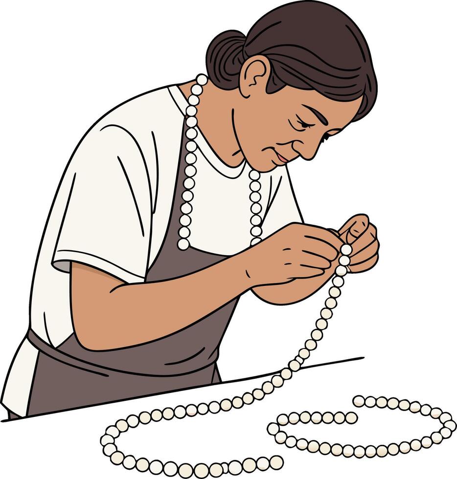 Craftsman Creating Beautiful Necklace with Pearls Focusing on Handmade Jewelry Craftsmanship vector