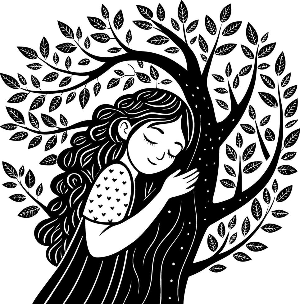Girl Embracing Tree with Leaves Ethereal Black and White Illustration for Creativity and Calmness vector