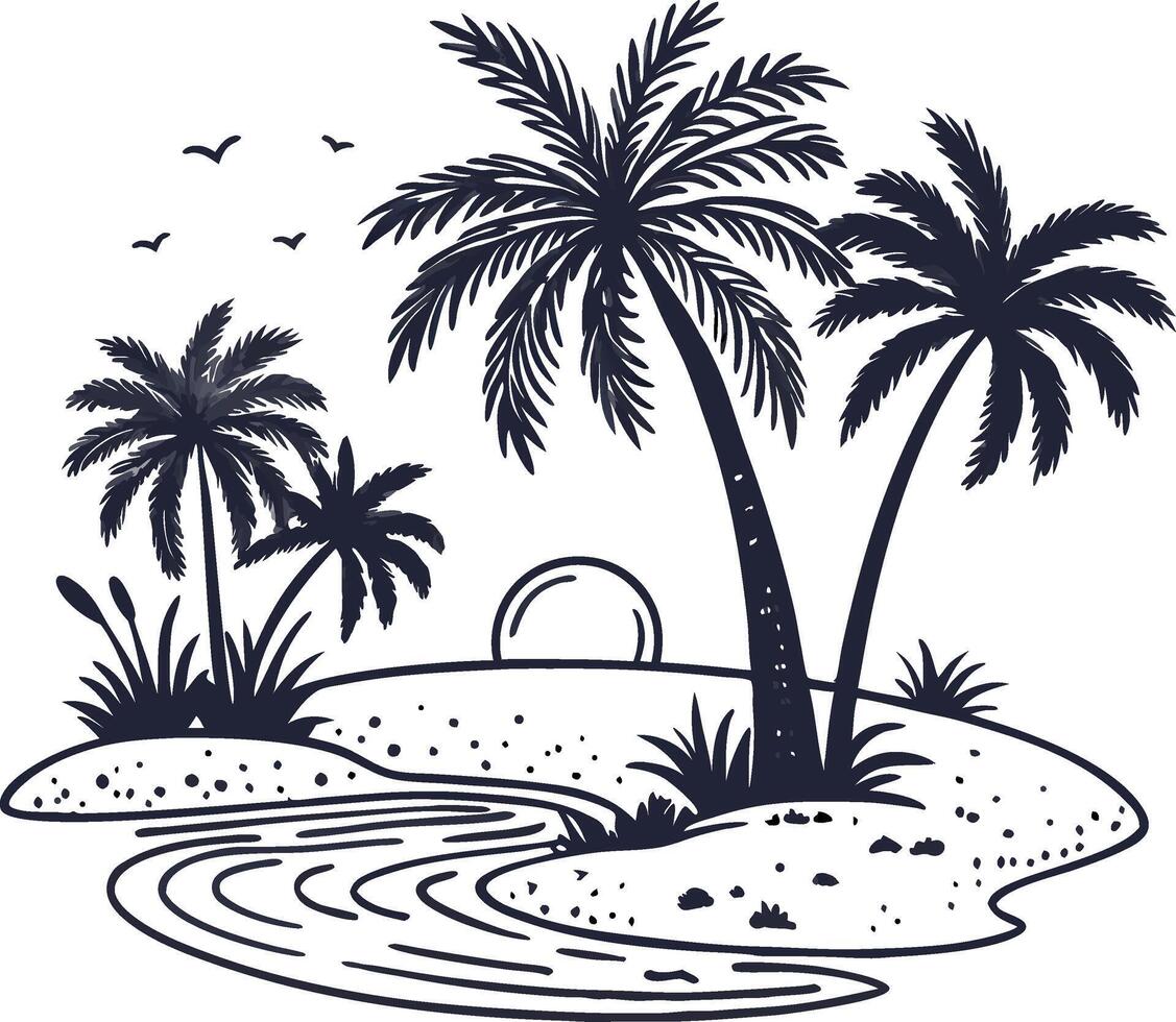 Tropical Paradise Scene with Palm Trees River and Sunset Design for Home Decor and Crafts vector