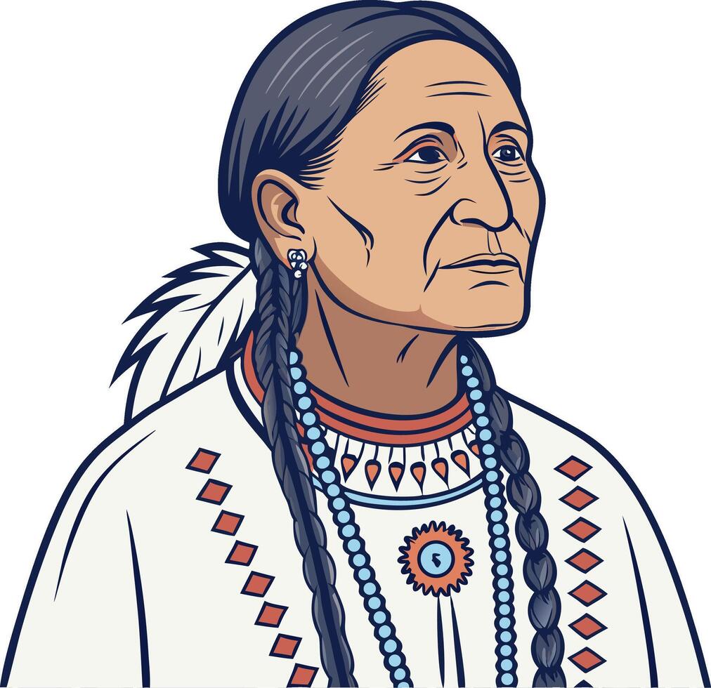 Native American Elder Portrait in Traditional Attire with Beaded Jewelry and Braided Hair vector